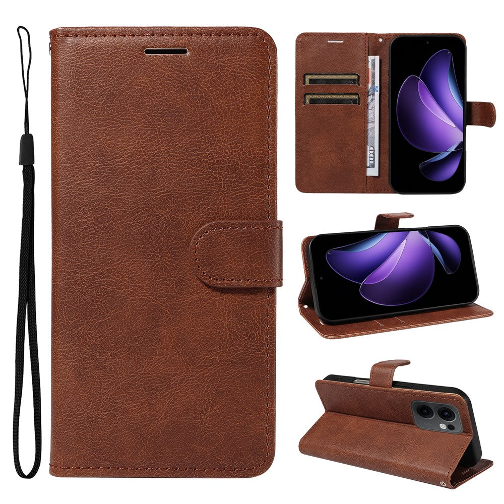 For Oppo Reno13 F 5G Leather Wallet Case with Strap Solid Color Phone Stand Cover - Brown