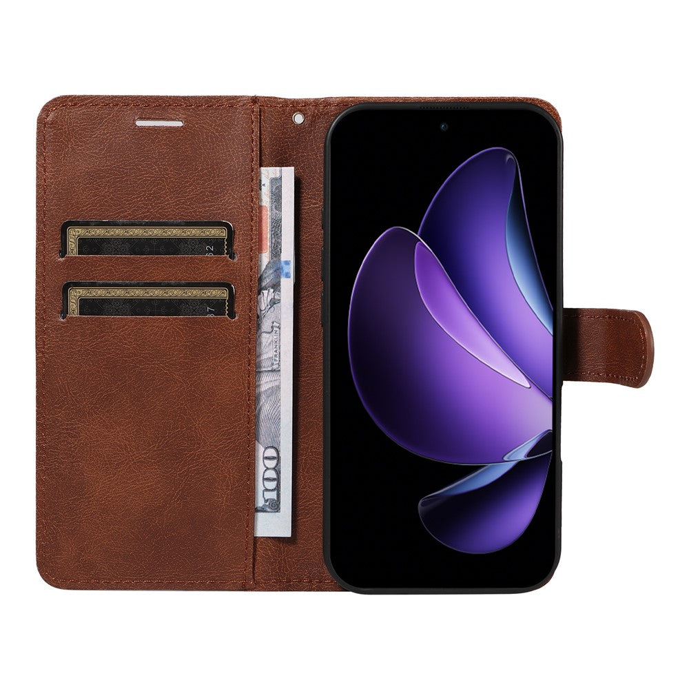 For Oppo Reno13 F 5G Leather Wallet Case with Strap Solid Color Phone Stand Cover - Brown