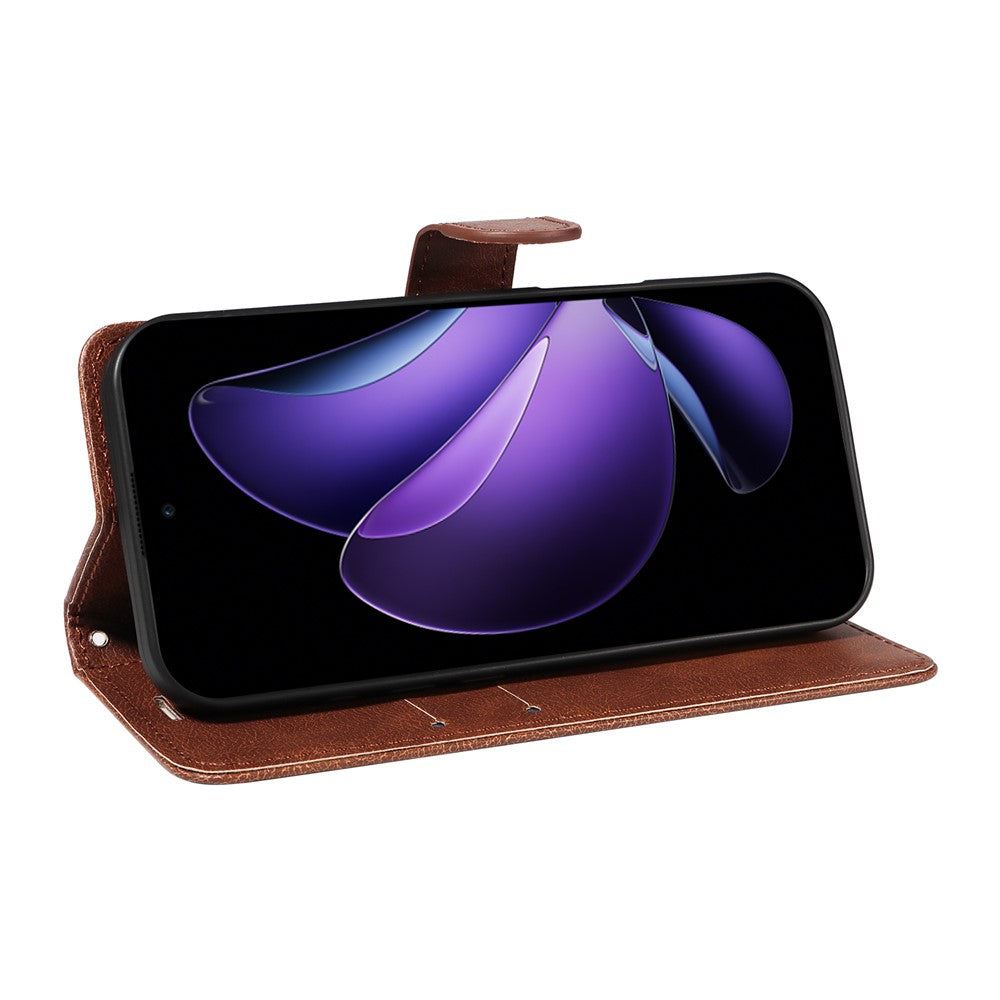 For Oppo Reno13 F 5G Leather Wallet Case with Strap Solid Color Phone Stand Cover - Brown