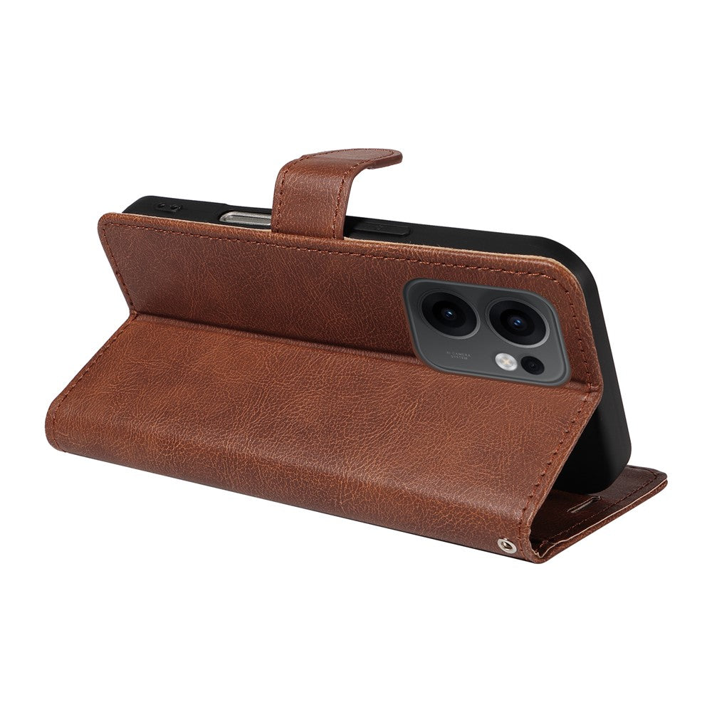 For Oppo Reno13 F 5G Leather Wallet Case with Strap Solid Color Phone Stand Cover - Brown
