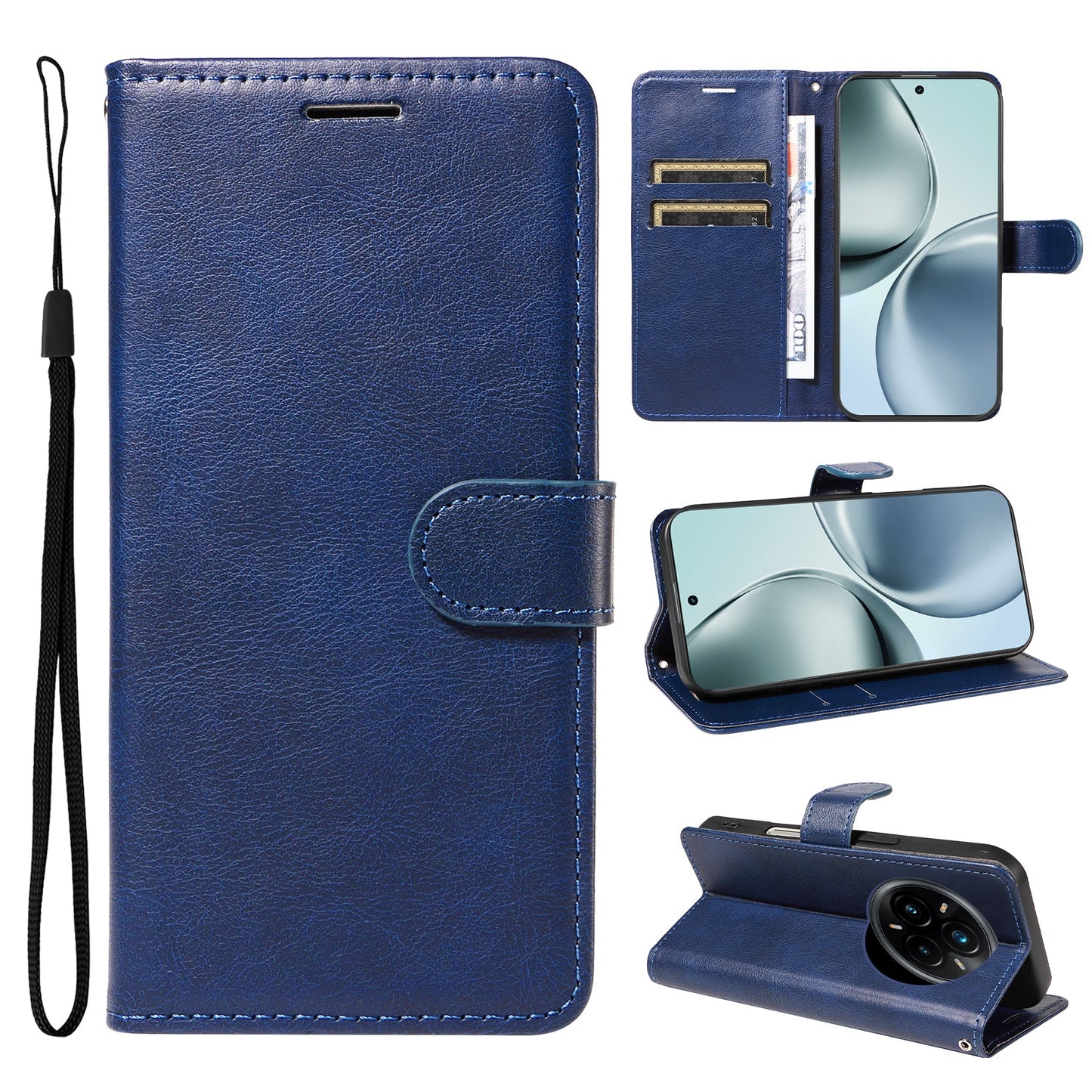 For Realme 14 Pro+ 5G Leather Wallet Case with Strap Solid Color Phone Stand Cover - Blue