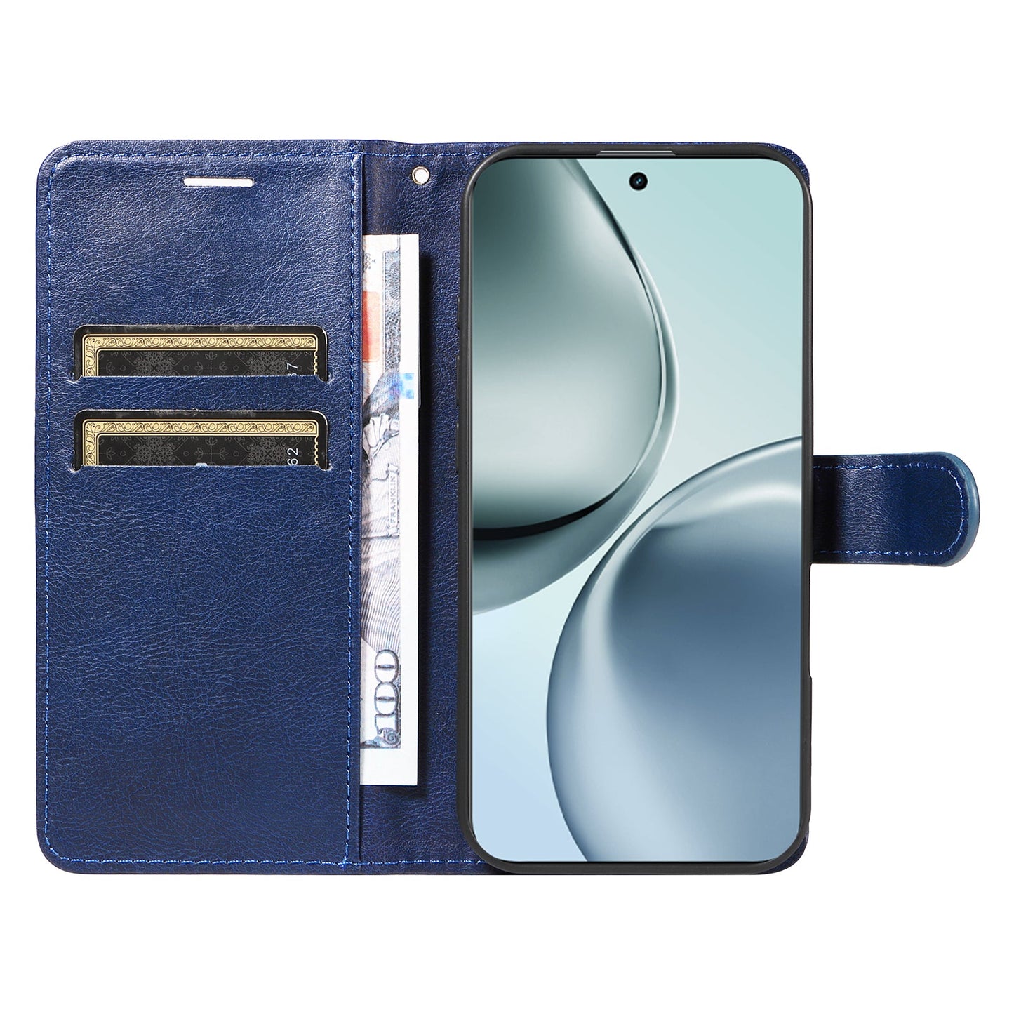 For Realme 14 Pro+ 5G Leather Wallet Case with Strap Solid Color Phone Stand Cover - Blue