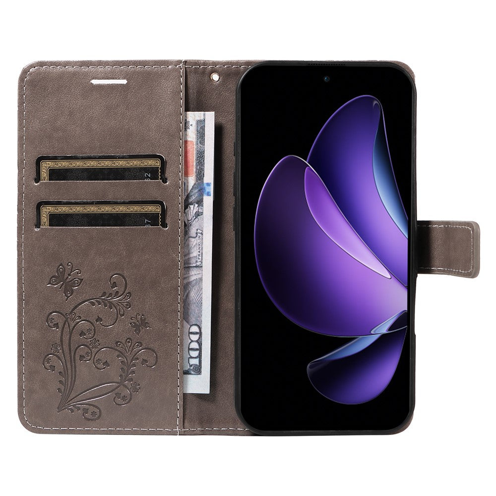 For Oppo Reno13 F 5G Wallet Case Floral Butterfly Imprinted Leather Phone Cover Stand - Grey