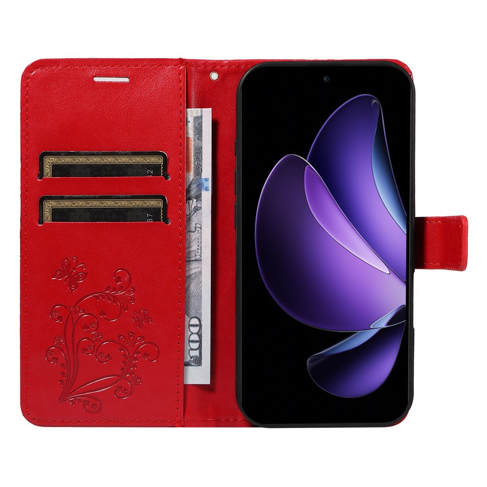 For Oppo Reno13 F 5G Wallet Case Floral Butterfly Imprinted Leather Phone Cover Stand - Red