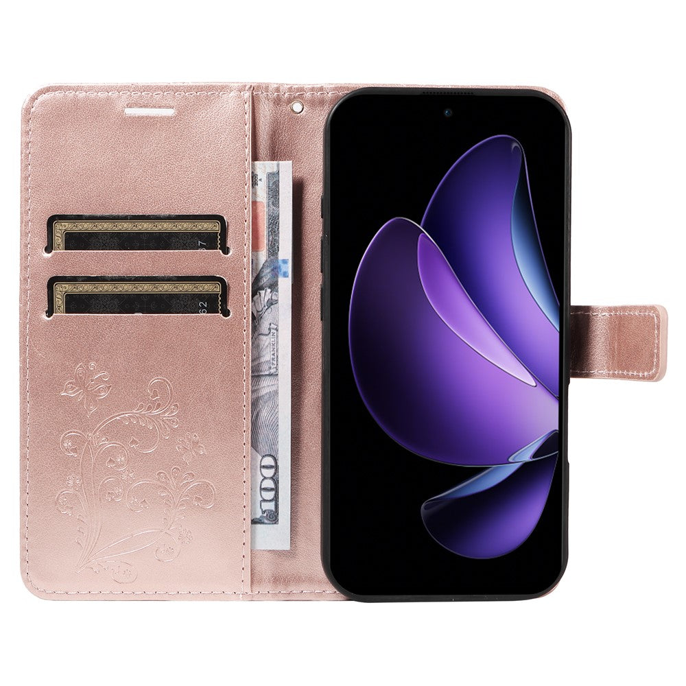 For Oppo Reno13 F 5G Wallet Case Floral Butterfly Imprinted Leather Phone Cover Stand -  Rose Gold