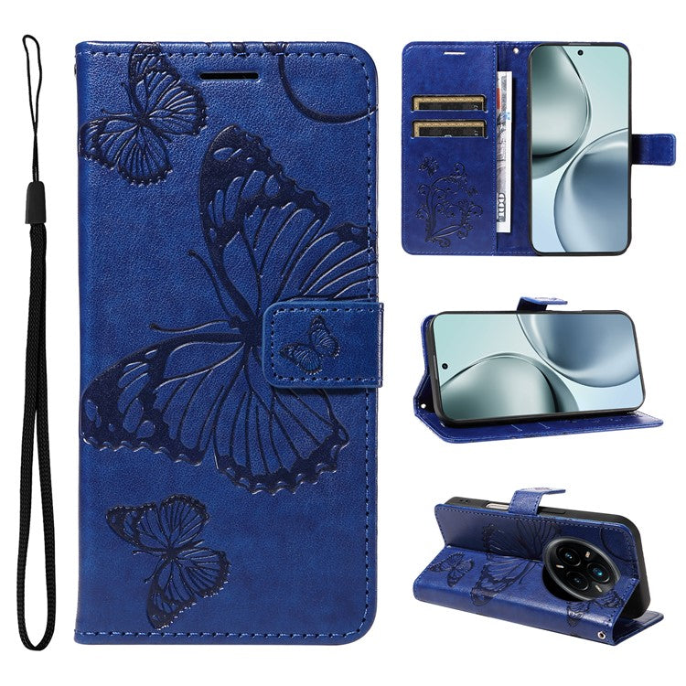 For Realme 14 Pro+ 5G Wallet Case Floral Butterfly Imprinted Leather Phone Cover Stand - Blue