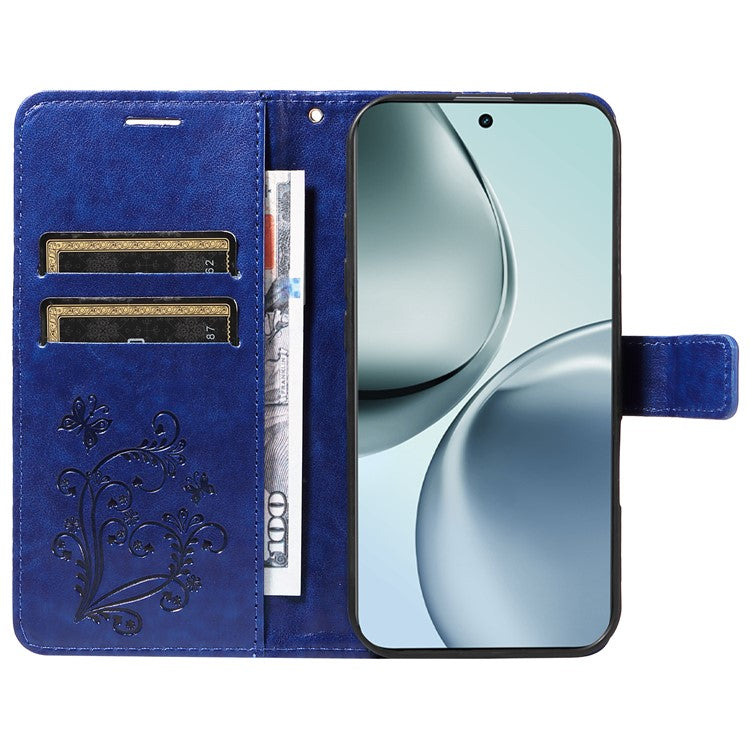 For Realme 14 Pro+ 5G Wallet Case Floral Butterfly Imprinted Leather Phone Cover Stand - Blue