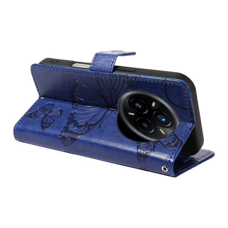 For Realme 14 Pro+ 5G Wallet Case Floral Butterfly Imprinted Leather Phone Cover Stand - Blue