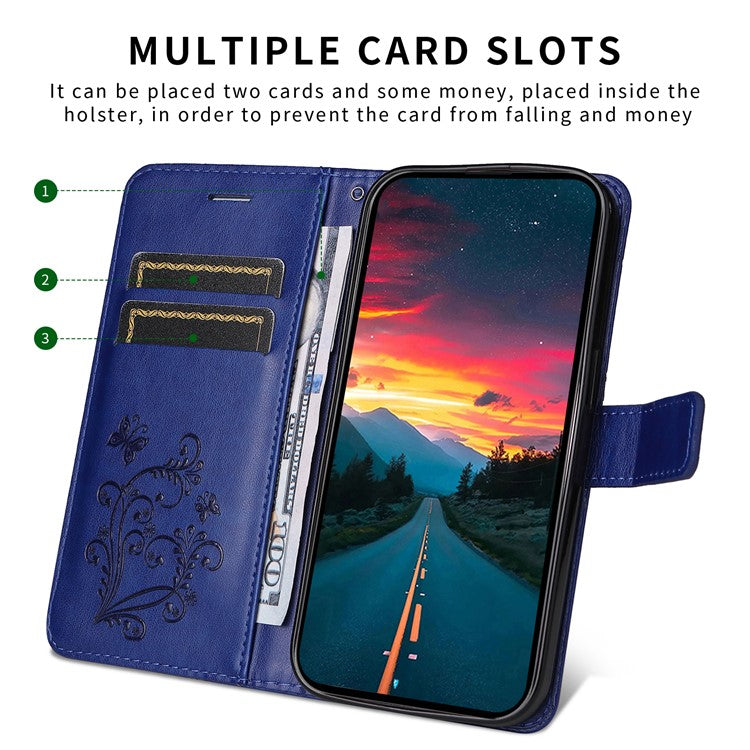 For Realme 14 Pro+ 5G Wallet Case Floral Butterfly Imprinted Leather Phone Cover Stand - Blue