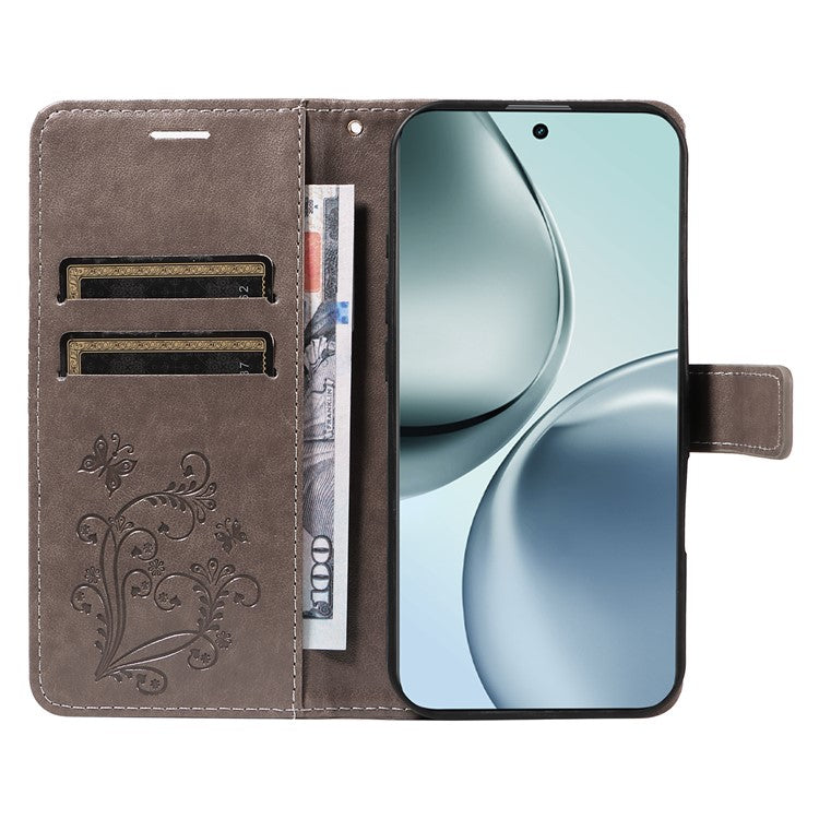 For Realme 14 Pro+ 5G Wallet Case Floral Butterfly Imprinted Leather Phone Cover Stand - Grey