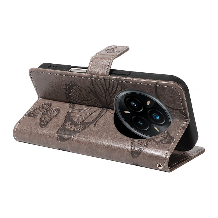 For Realme 14 Pro+ 5G Wallet Case Floral Butterfly Imprinted Leather Phone Cover Stand - Grey