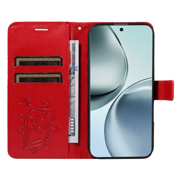 For Realme 14 Pro+ 5G Wallet Case Floral Butterfly Imprinted Leather Phone Cover Stand - Red