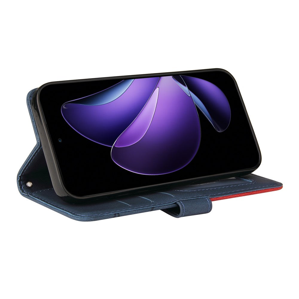 For Oppo Reno13 F 5G Leather Phone Case Stand Wallet with Bi-colour Splicing Design - Blue