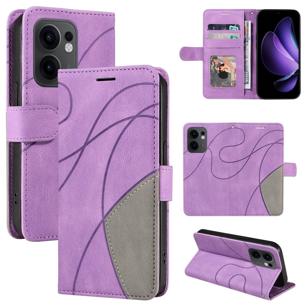 For Oppo Reno13 F 5G Leather Phone Case Stand Wallet with Bi-colour Splicing Design - Purple