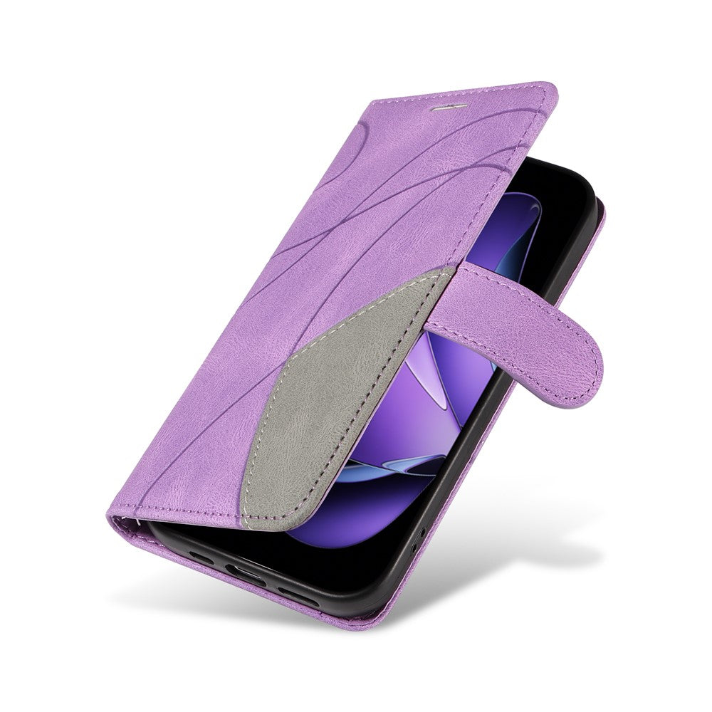 For Oppo Reno13 F 5G Leather Phone Case Stand Wallet with Bi-colour Splicing Design - Purple