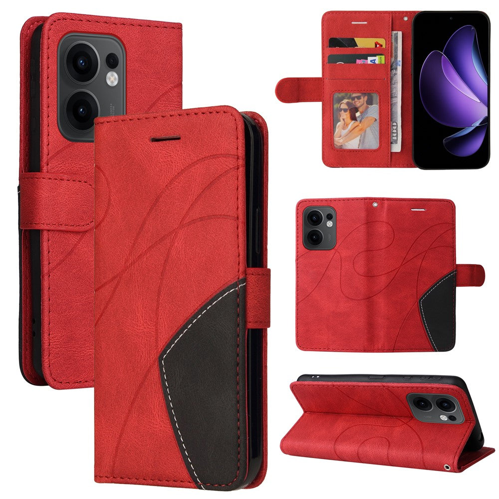 For Oppo Reno13 F 5G Leather Phone Case Stand Wallet with Bi-colour Splicing Design - Red