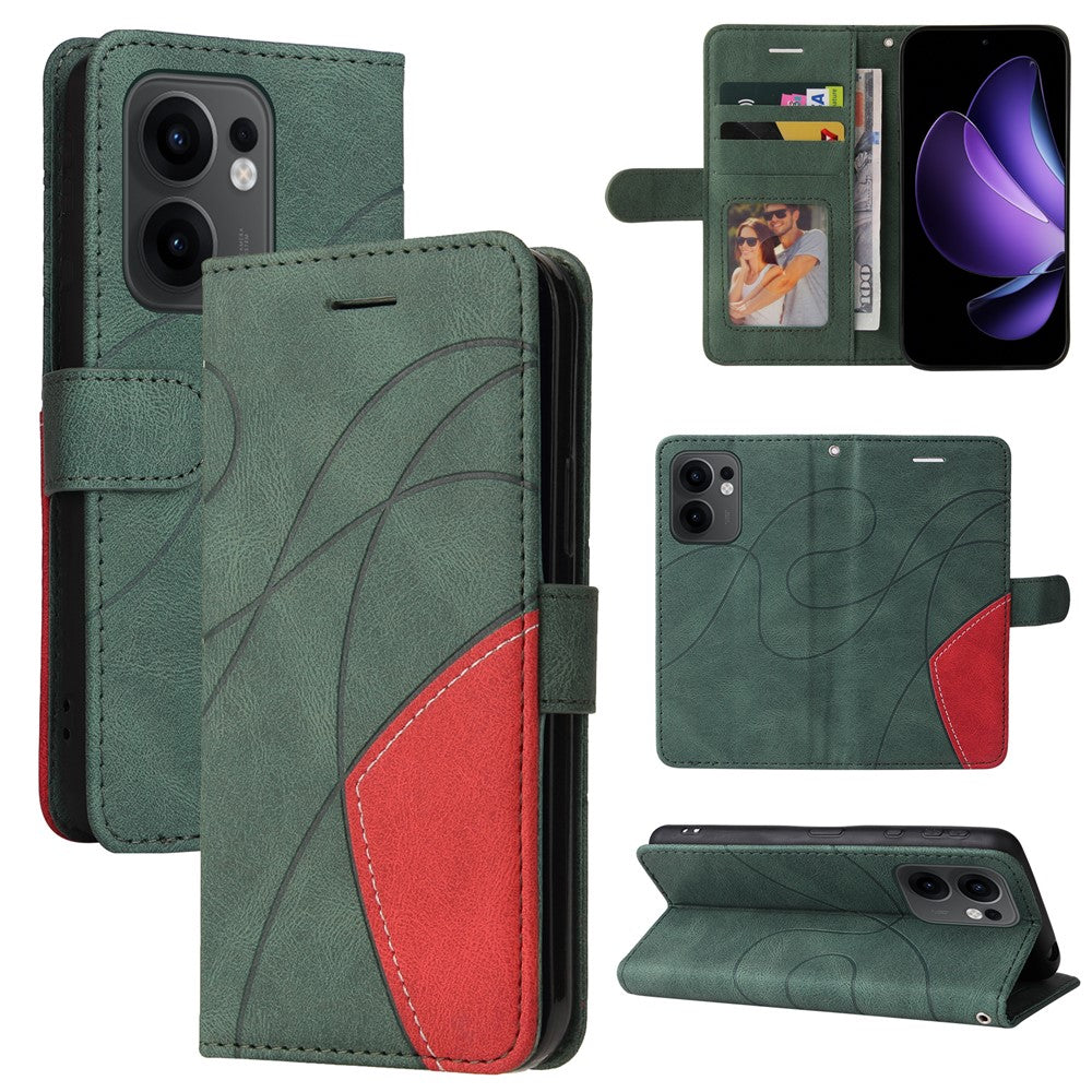 For Oppo Reno13 F 5G Leather Phone Case Stand Wallet with Bi-colour Splicing Design - Green