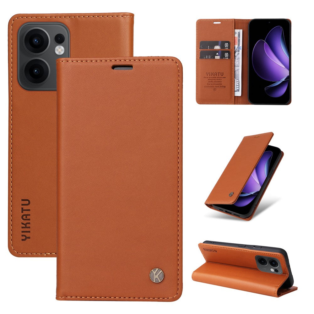 For Oppo Reno13 F 5G Phone Cases YIKATU Magnetic Closure PU Leather Mobile Cover  - Brown