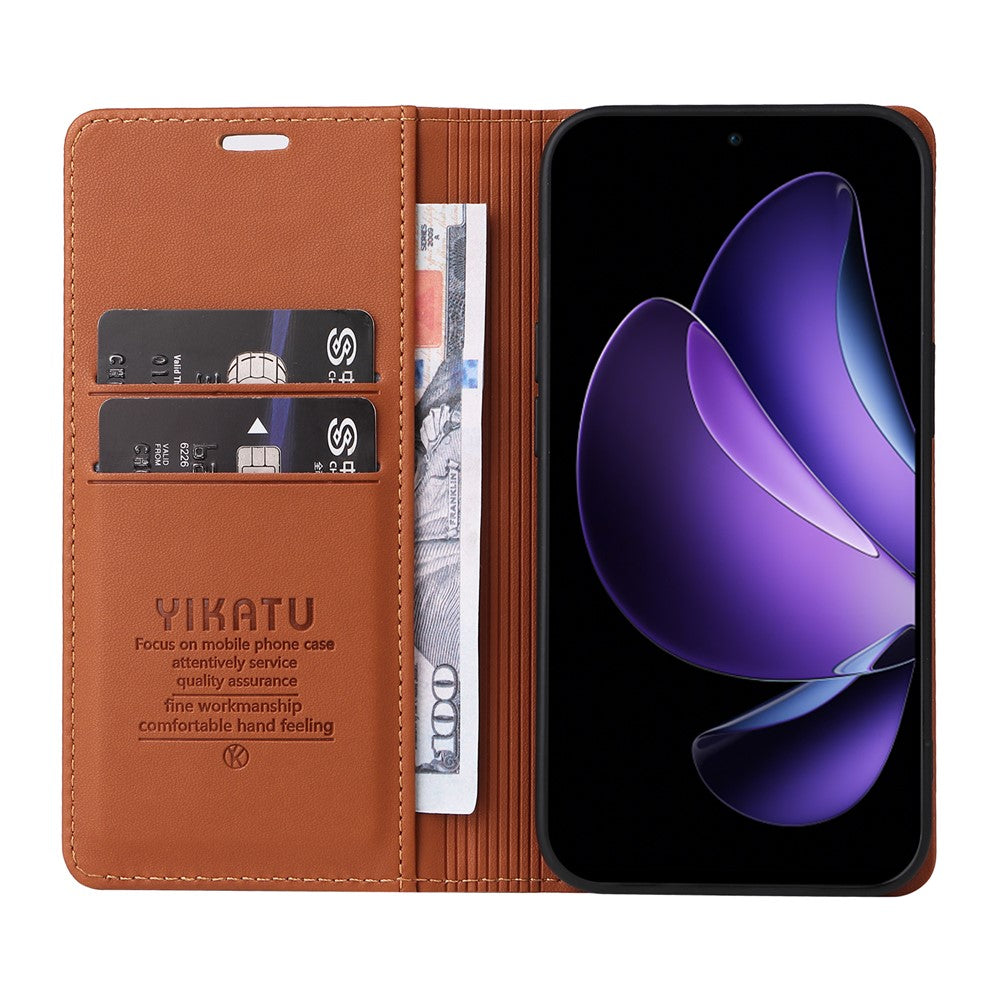 For Oppo Reno13 F 5G Phone Cases YIKATU Magnetic Closure PU Leather Mobile Cover  - Brown