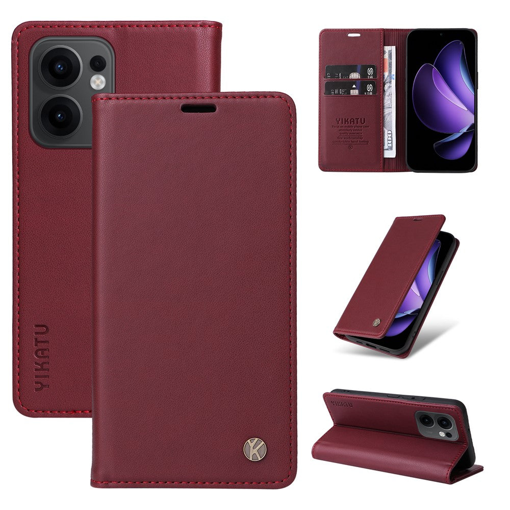 For Oppo Reno13 F 5G Phone Cases YIKATU Magnetic Closure PU Leather Mobile Cover  - Wine Red