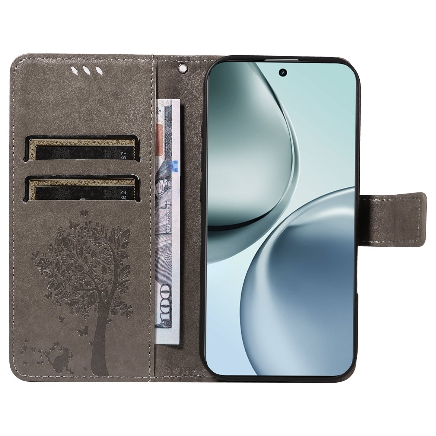 For Realme 14 Pro+ 5G Phone Case with Stand Cat Tree Pattern Leather Wallet Mobile Cover - Grey