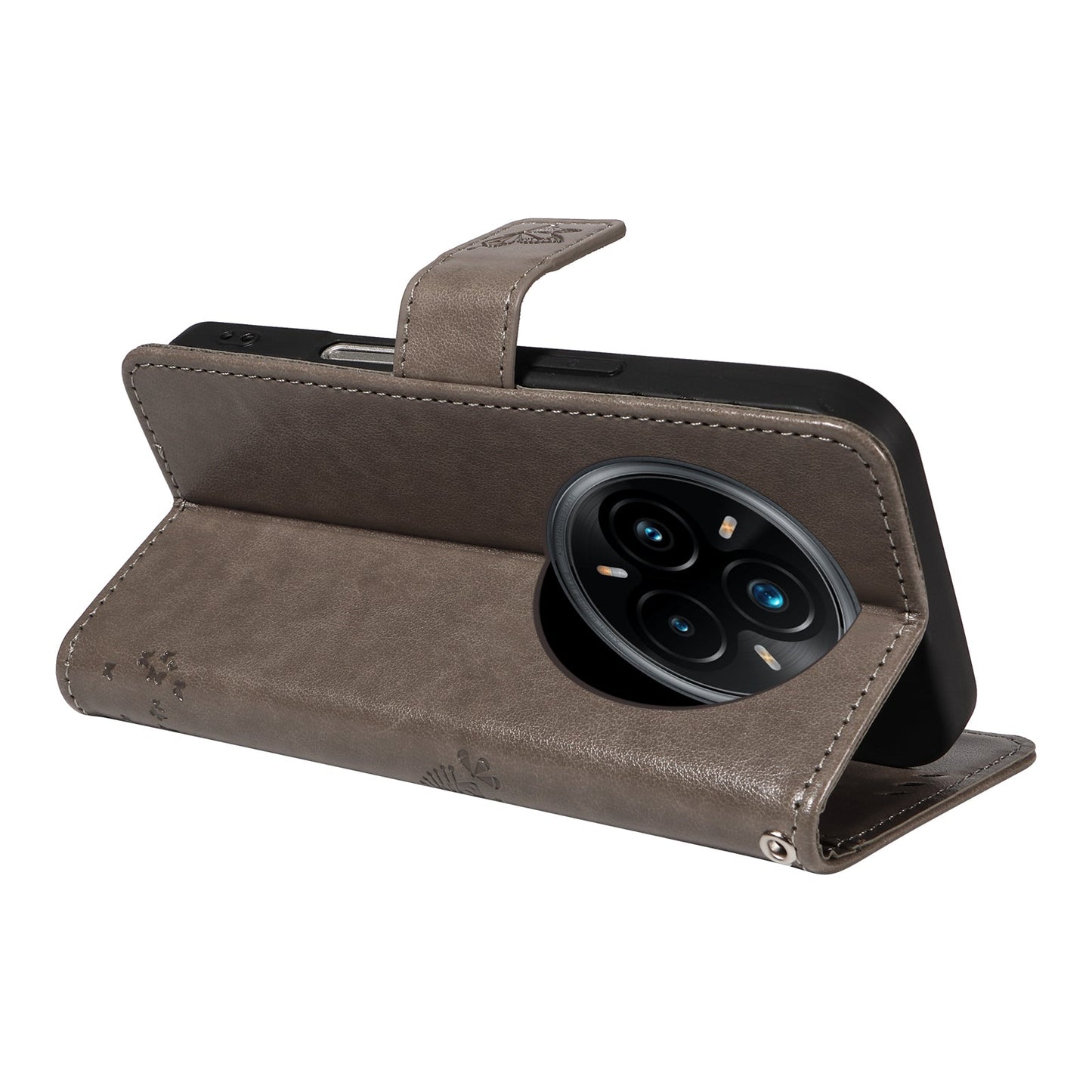 For Realme 14 Pro+ 5G Phone Case with Stand Cat Tree Pattern Leather Wallet Mobile Cover - Grey