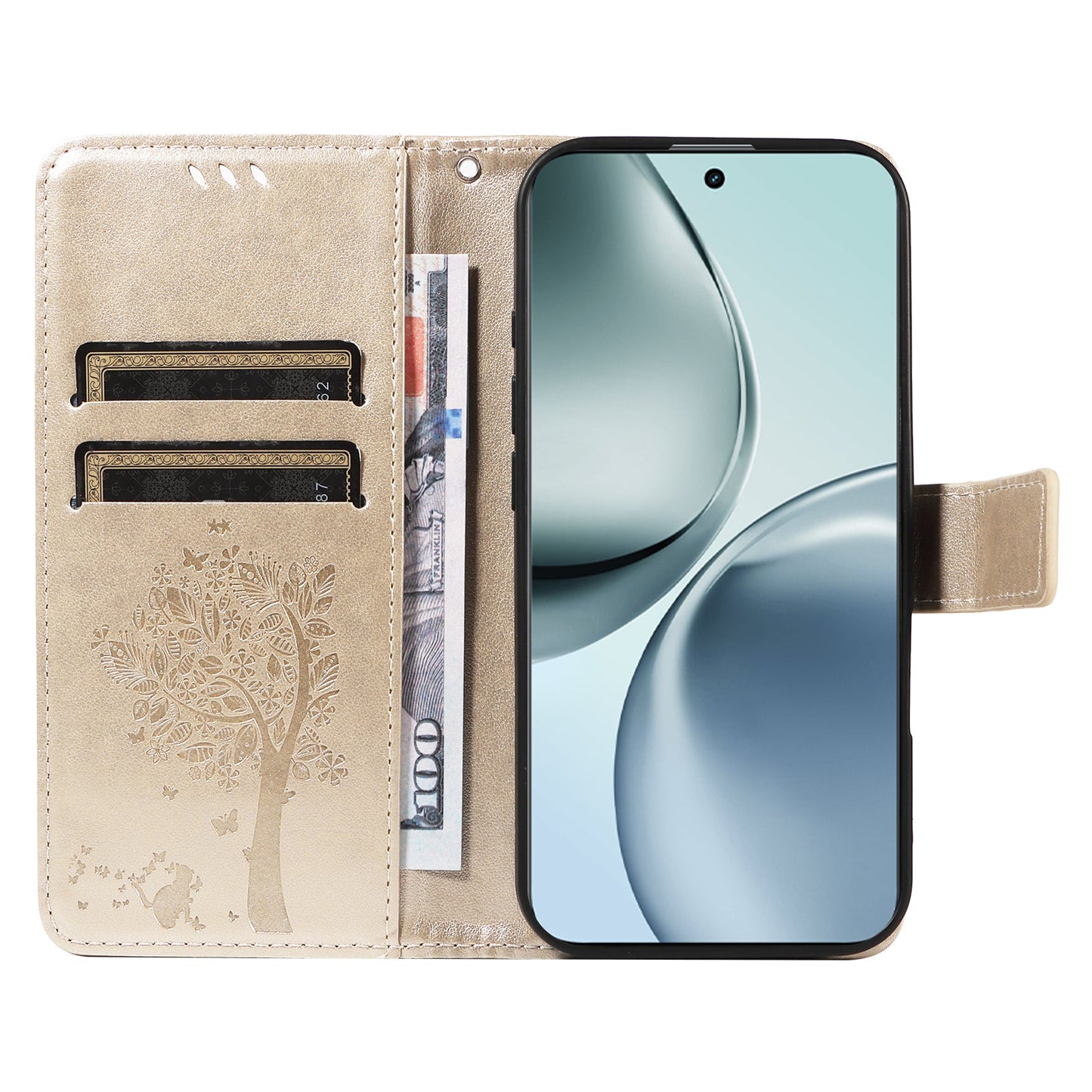 For Realme 14 Pro+ 5G Phone Case with Stand Cat Tree Pattern Leather Wallet Mobile Cover - Gold