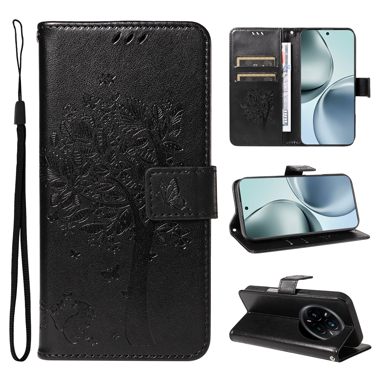 For Realme 14 Pro+ 5G Phone Case with Stand Cat Tree Pattern Leather Wallet Mobile Cover -  Black