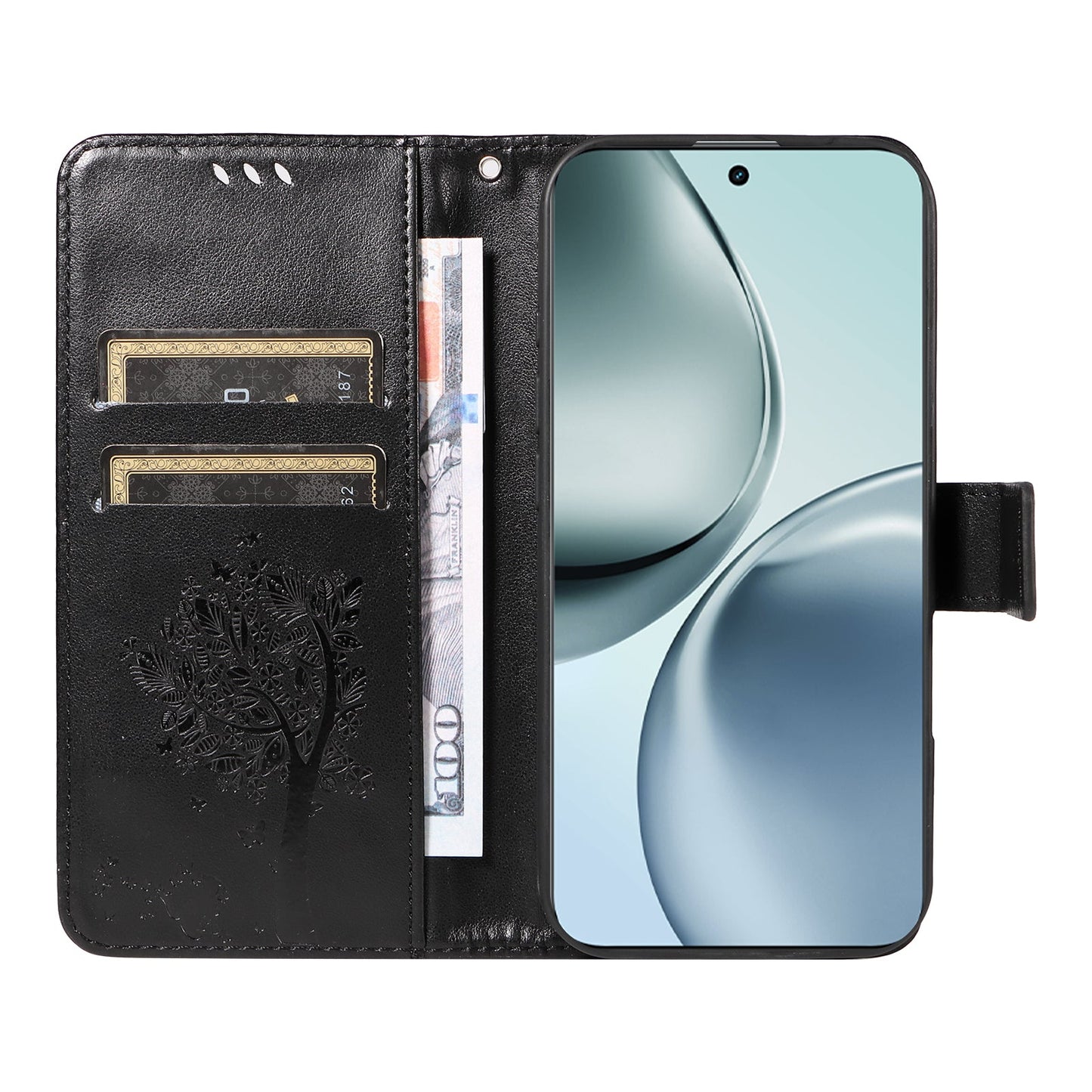 For Realme 14 Pro+ 5G Phone Case with Stand Cat Tree Pattern Leather Wallet Mobile Cover -  Black