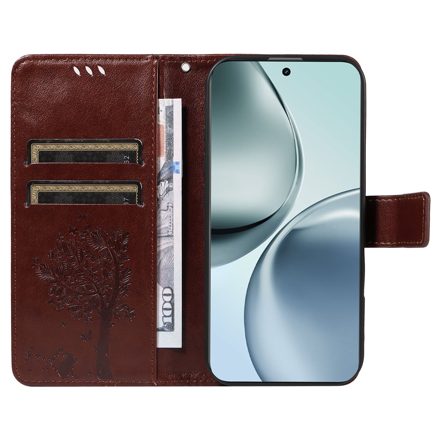 For Realme 14 Pro+ 5G Phone Case with Stand Cat Tree Pattern Leather Wallet Mobile Cover - Coffee