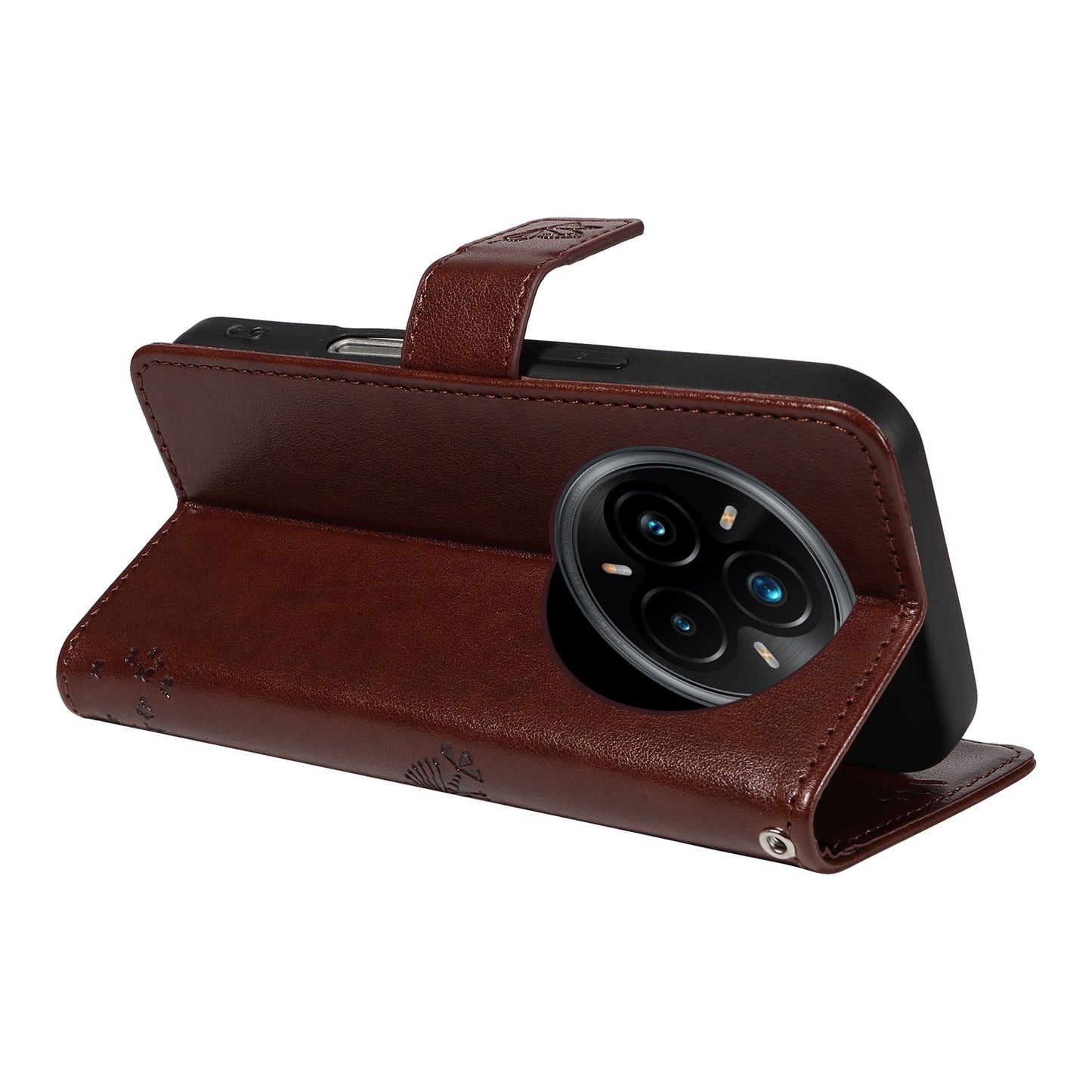 For Realme 14 Pro+ 5G Phone Case with Stand Cat Tree Pattern Leather Wallet Mobile Cover - Coffee