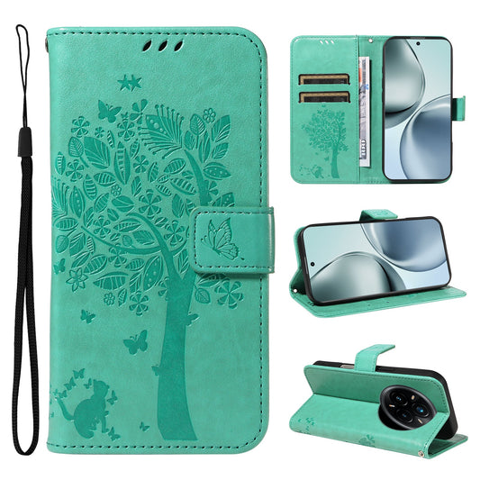 For Realme 14 Pro+ 5G Phone Case with Stand Cat Tree Pattern Leather Wallet Mobile Cover - Green