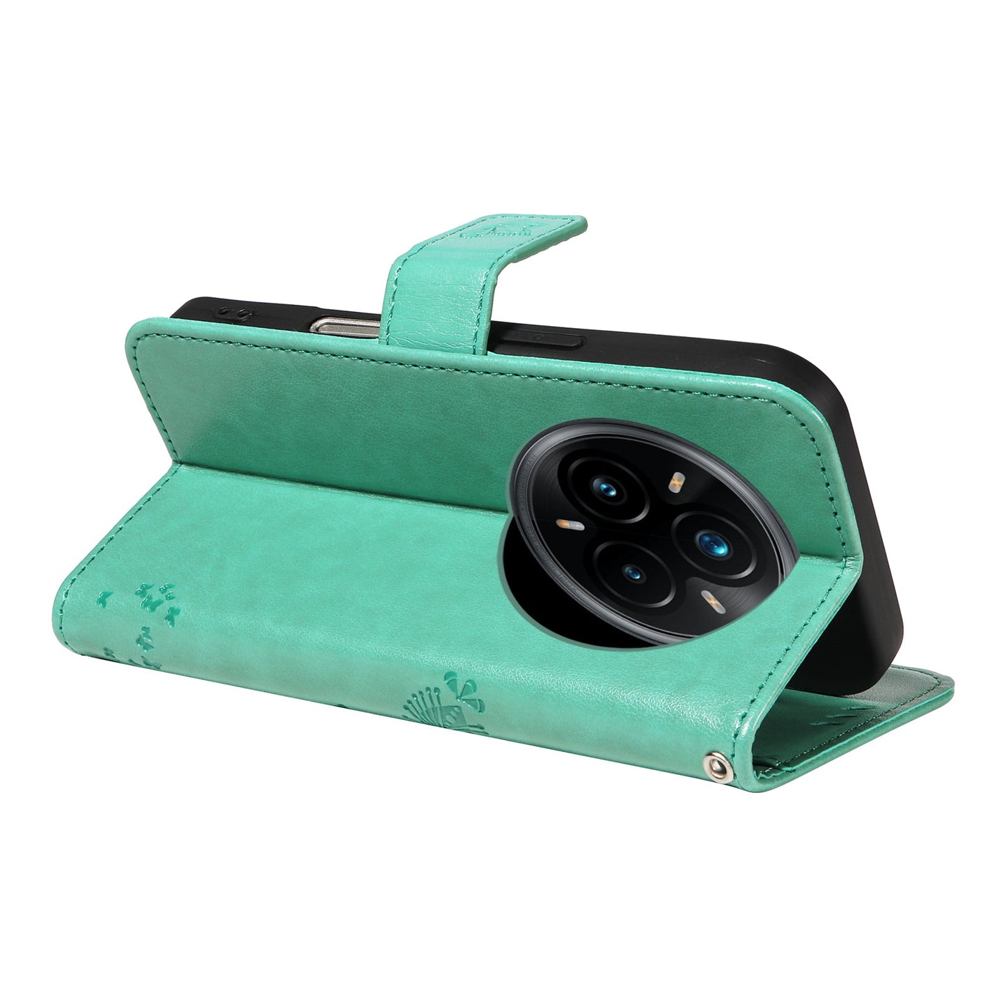 For Realme 14 Pro+ 5G Phone Case with Stand Cat Tree Pattern Leather Wallet Mobile Cover - Green