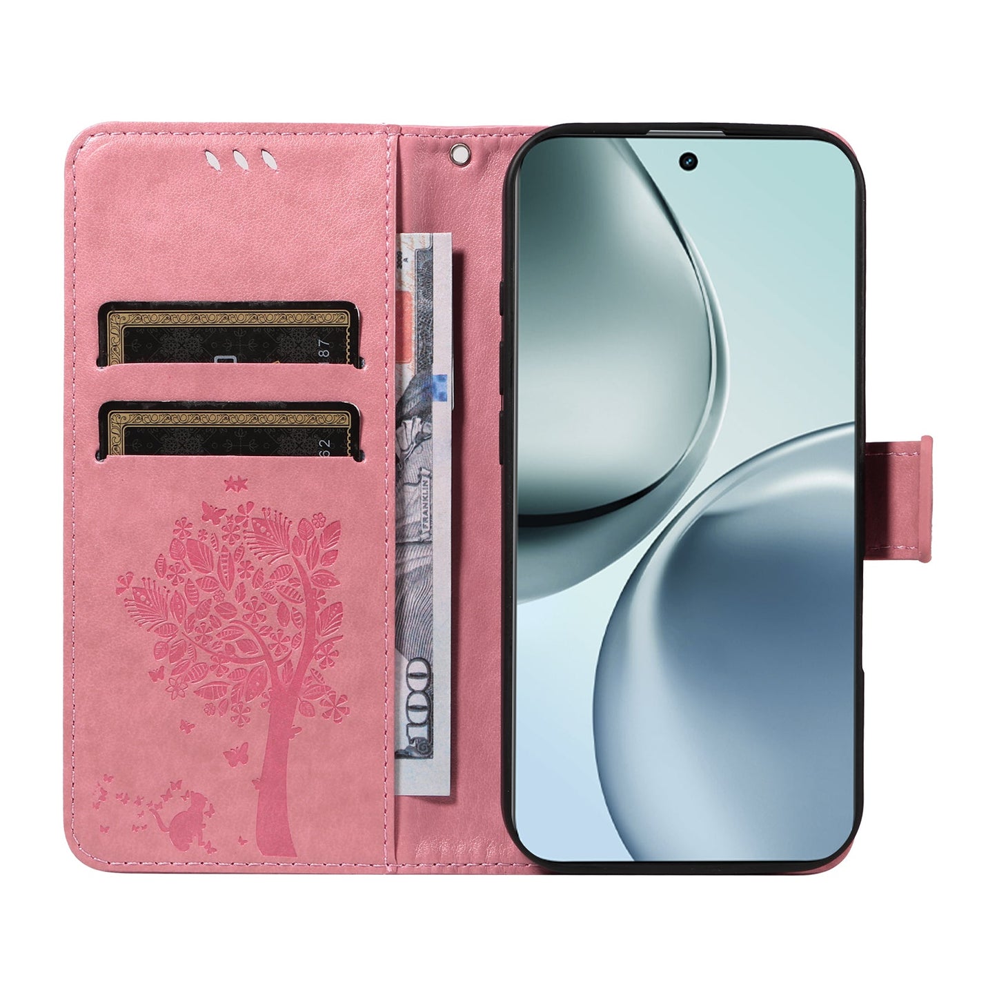 For Realme 14 Pro+ 5G Phone Case with Stand Cat Tree Pattern Leather Wallet Mobile Cover - Pink