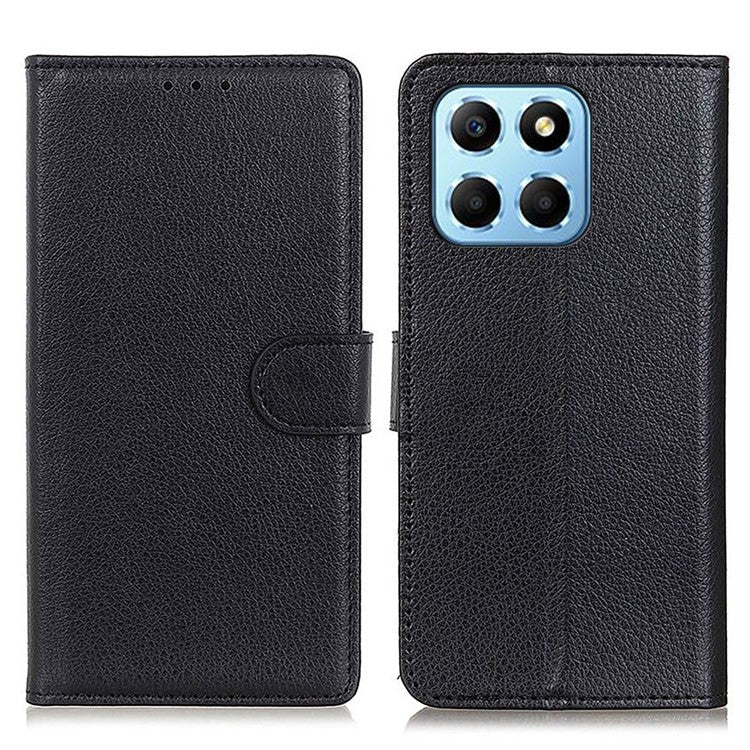 Litchi Texture Phone Cover for Honor X8 5G, Anti-scratch PU Leather Folio Flip Wallet Stand Protective Case - Black