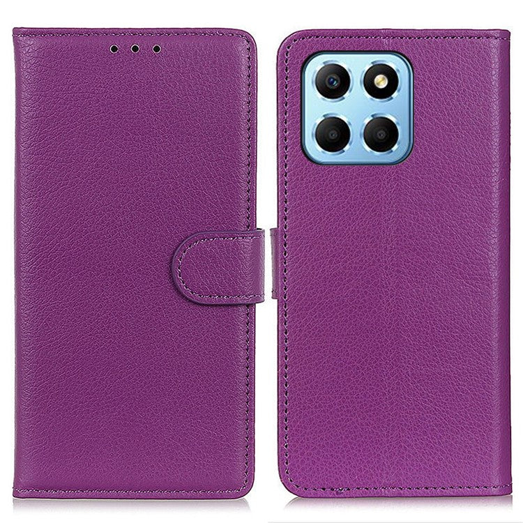 Litchi Texture Phone Cover for Honor X8 5G, Anti-scratch PU Leather Folio Flip Wallet Stand Protective Case - Purple