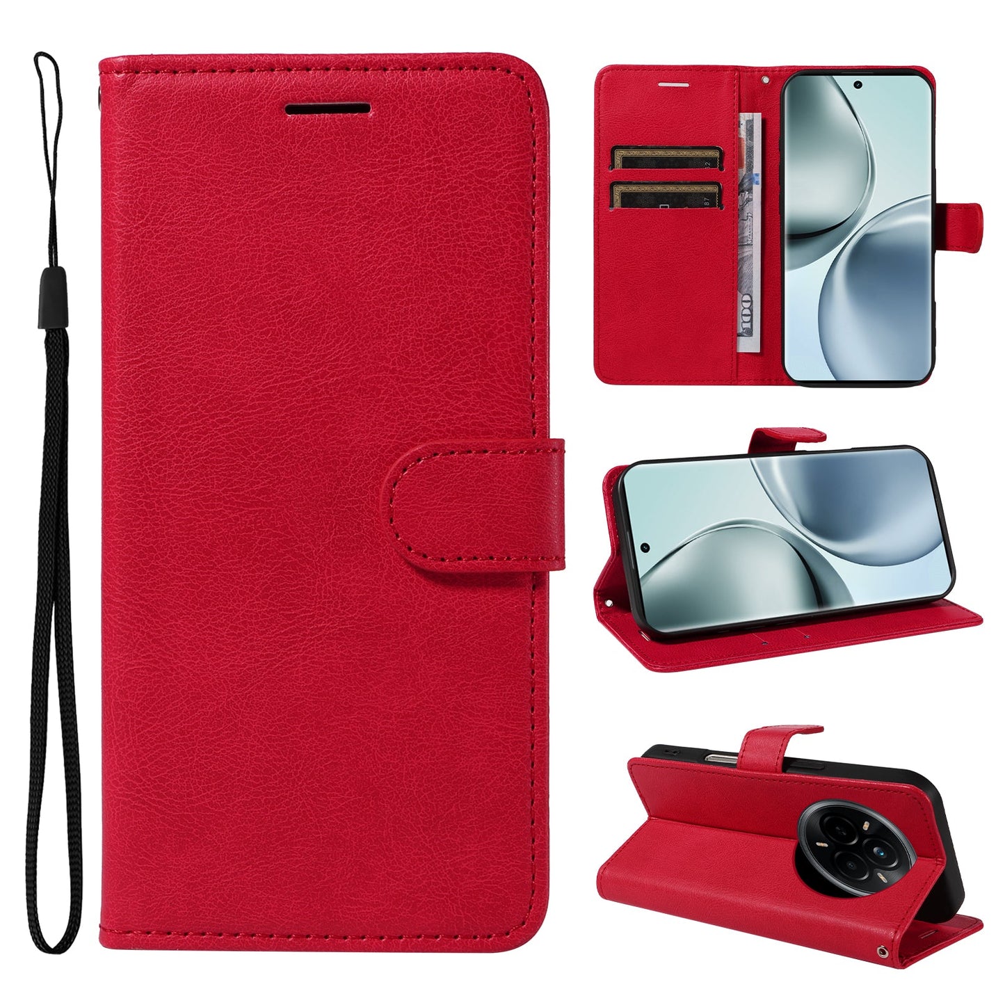 For Realme 14 Pro 5G Leather Wallet Case with Strap Solid Color Phone Stand Cover - Red