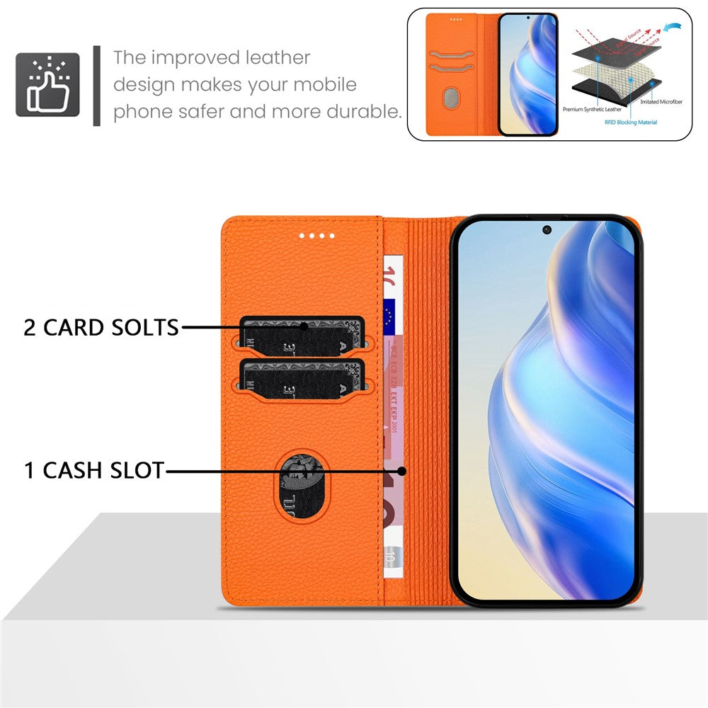 For Oppo Reno13 F 5G Wallet Case RFID Blocking Litchi Texture Leather Mobile Cover - Orange