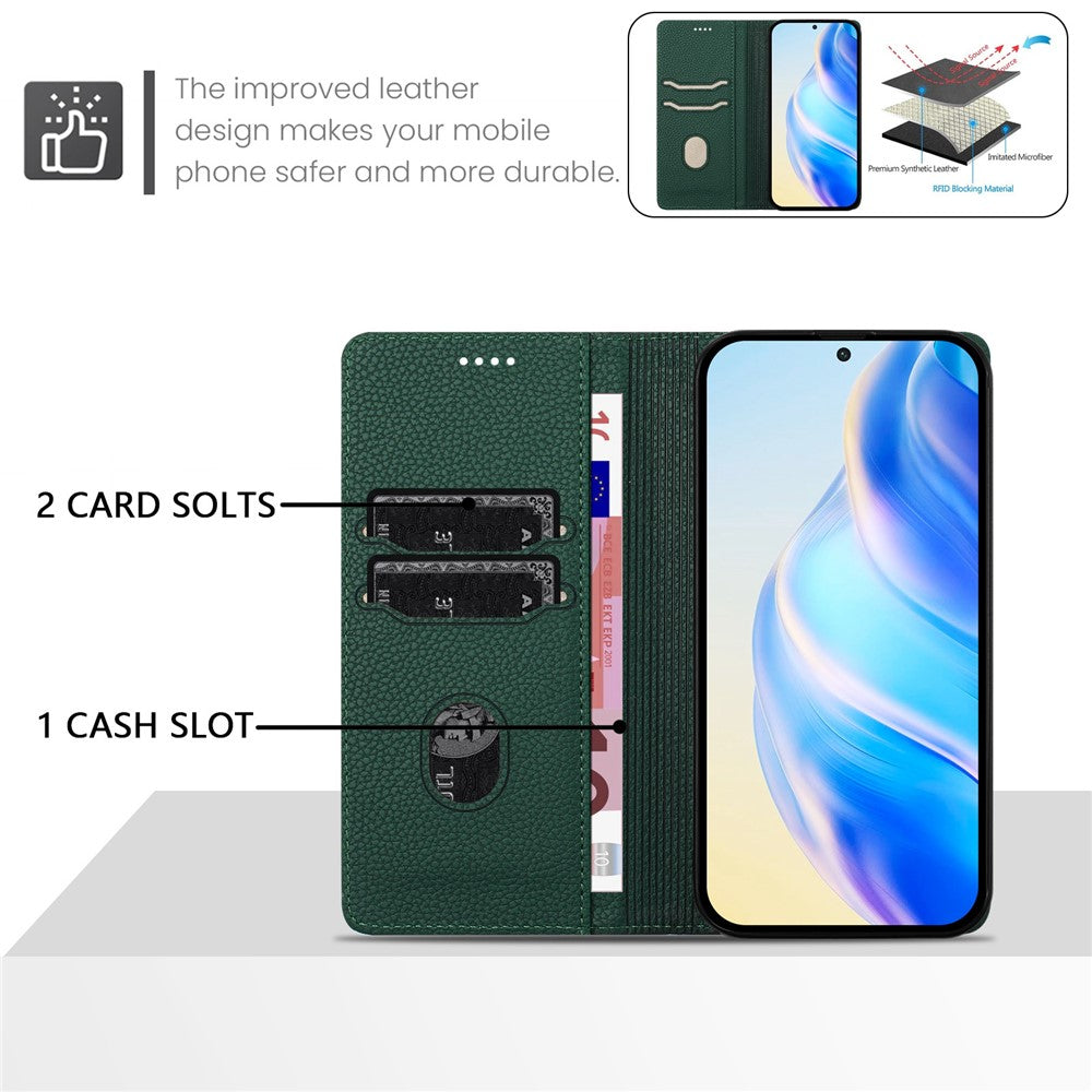 For Oppo Reno13 F 5G Wallet Case RFID Blocking Litchi Texture Leather Mobile Cover - Dark Green