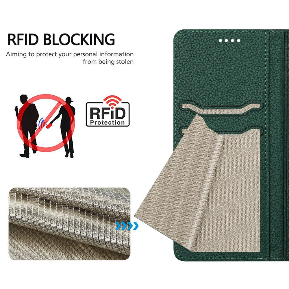 For Oppo Reno13 F 5G Wallet Case RFID Blocking Litchi Texture Leather Mobile Cover - Dark Green