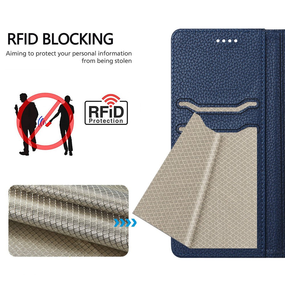 For Oppo Reno13 F 5G Wallet Case RFID Blocking Litchi Texture Leather Mobile Cover - Dark Blue