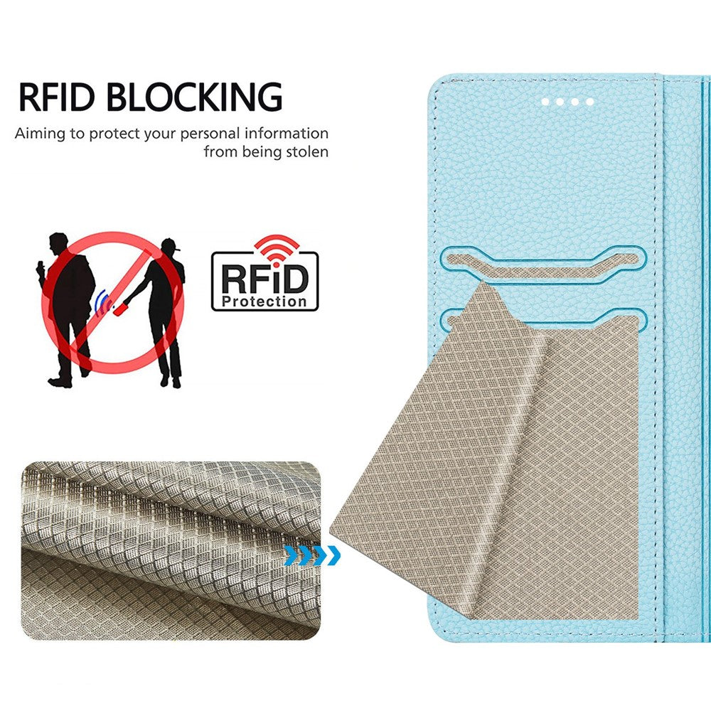 For Oppo Reno13 F 5G Wallet Case RFID Blocking Litchi Texture Leather Mobile Cover - Baby Blue