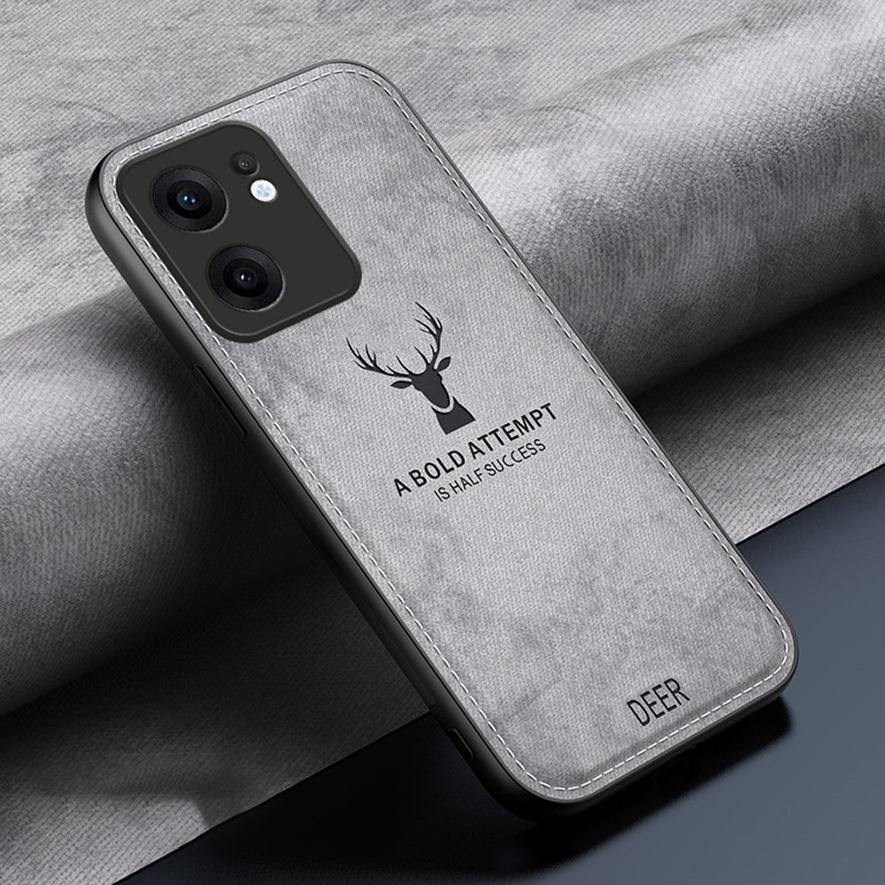 For Oppo Reno13 F 5G Case Deer Pattern Cloth Texture PU + PC + TPU Phone Cover - Grey