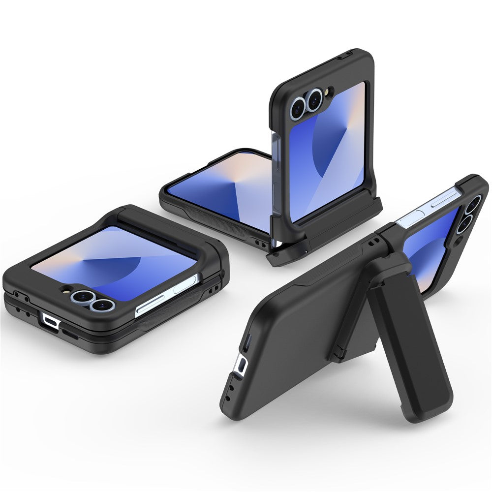 For Samsung Galaxy Z Flip7 FE 5G / Z Flip6 5G Case Spring Hinge Kickstand PC Folding Phone Cover with Card Slot - Black