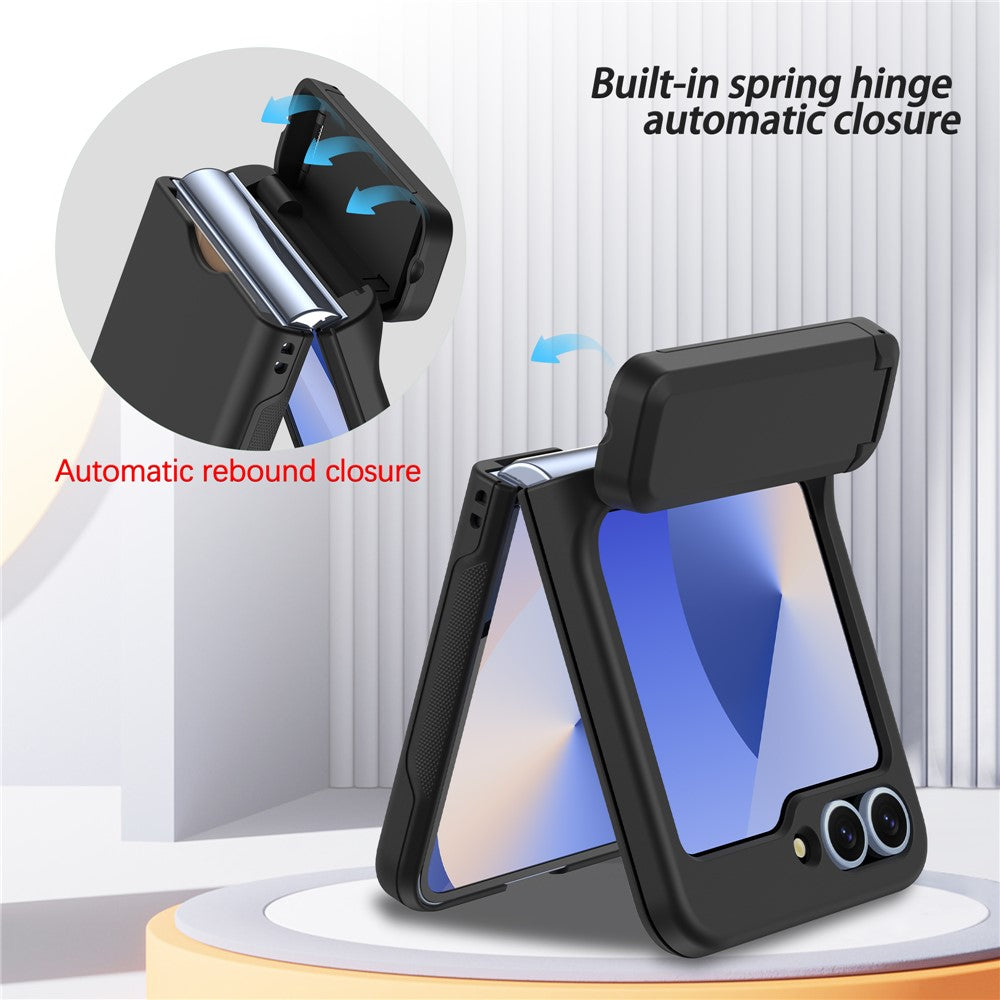 For Samsung Galaxy Z Flip7 FE 5G / Z Flip6 5G Case Spring Hinge Kickstand PC Folding Phone Cover with Card Slot - Black
