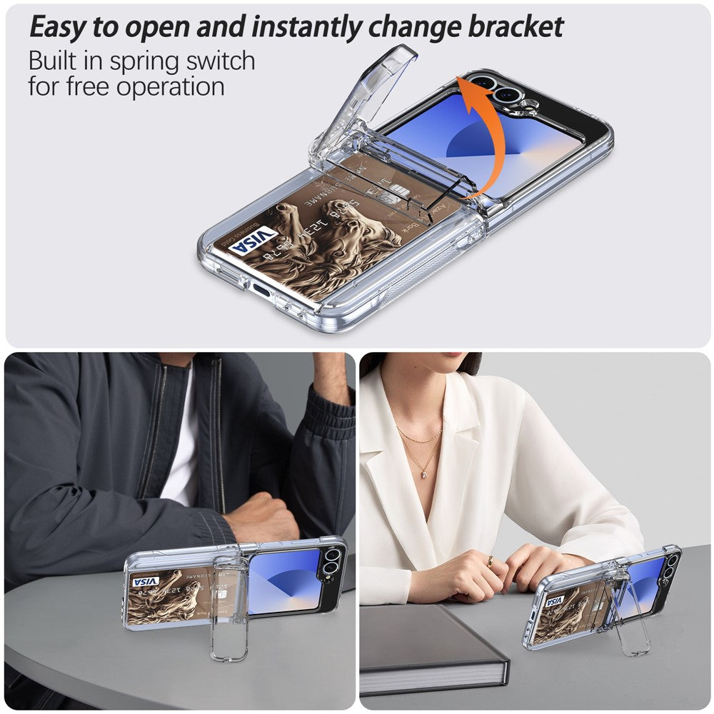For Samsung Galaxy Z Flip7 FE 5G / Z Flip6 5G Case Spring Hinge Kickstand PC Folding Phone Cover with Card Slot - Transparent