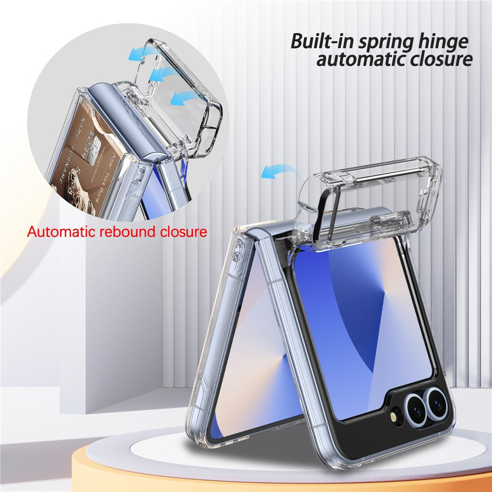 For Samsung Galaxy Z Flip7 FE 5G / Z Flip6 5G Case Spring Hinge Kickstand PC Folding Phone Cover with Card Slot - Transparent