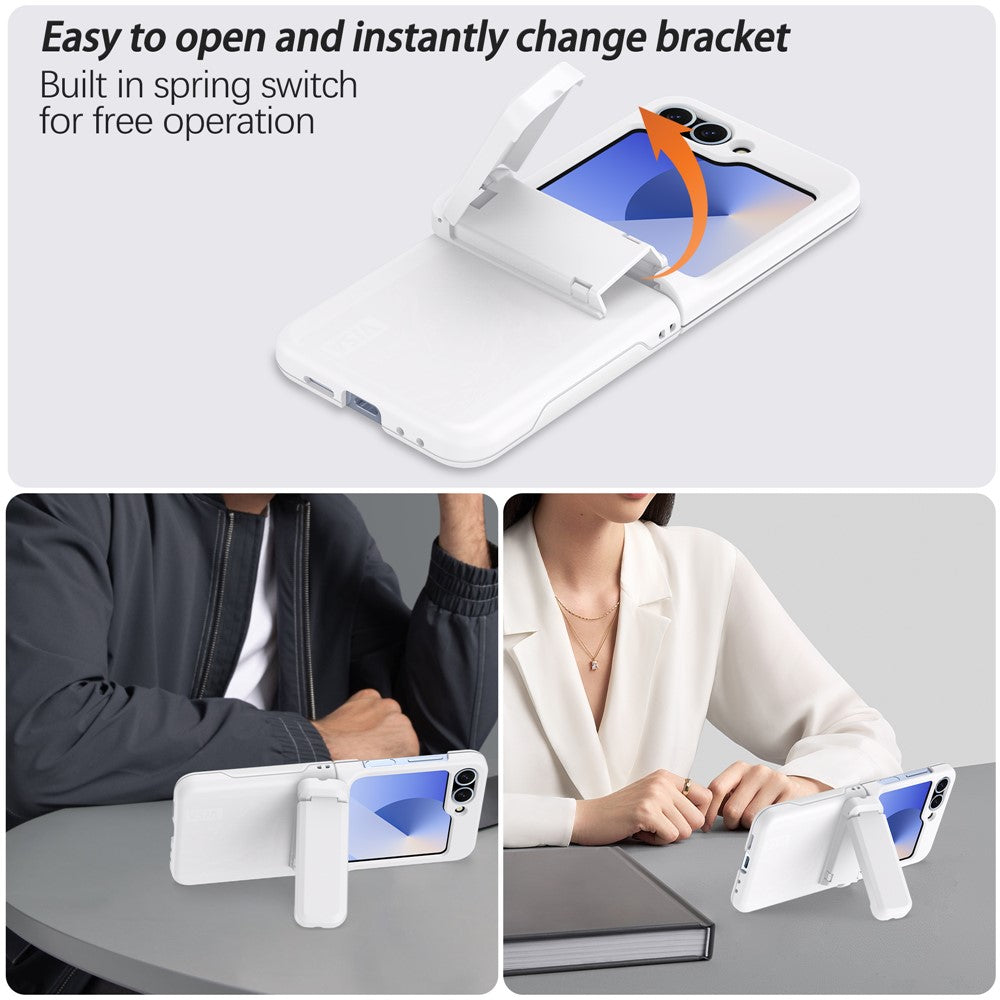 For Samsung Galaxy Z Flip7 FE 5G / Z Flip6 5G Case Spring Hinge Kickstand PC Folding Phone Cover with Card Slot - White