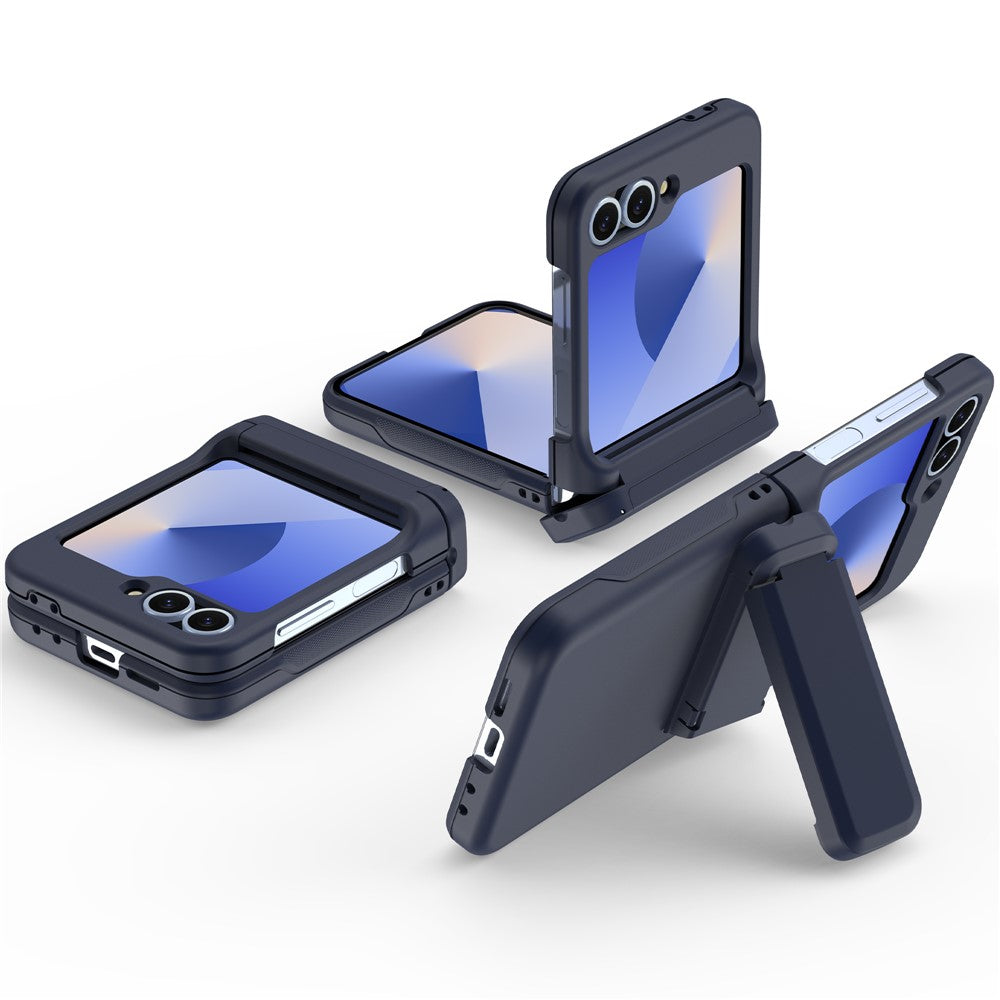 For Samsung Galaxy Z Flip7 FE 5G / Z Flip6 5G Case Spring Hinge Kickstand PC Folding Phone Cover with Card Slot - Navy Blue