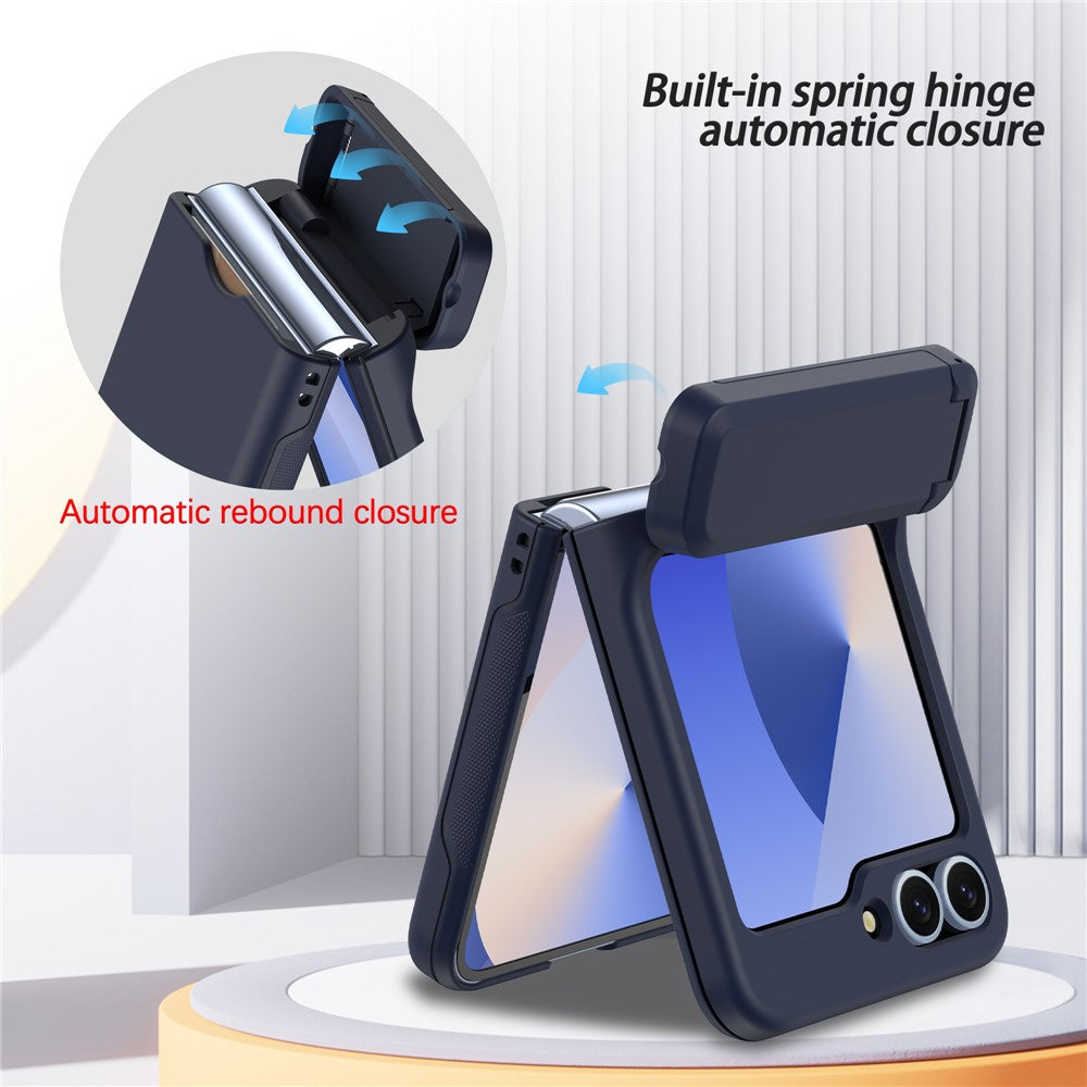 For Samsung Galaxy Z Flip7 FE 5G / Z Flip6 5G Case Spring Hinge Kickstand PC Folding Phone Cover with Card Slot - Navy Blue